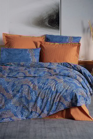 Parure de lit en coton 57 fils/cm² Tedric - Bleu et marron