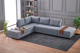 Canapé d'angle gauche convertible Fly - Gris et imitation noyer - 4 places