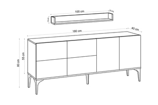 Buffet 6 portes et étagère murale - 180 x 40 x 80 cm et 100 x 15 x 15 cm