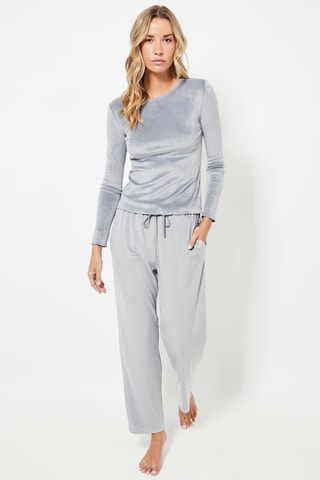 Pantalon droit de pyjama en velours taille haute - Gris clair