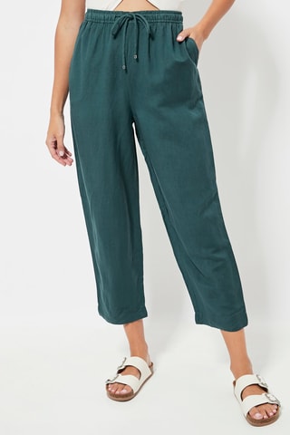 Pantalon relaxed en lin taille haute - Vert foncé