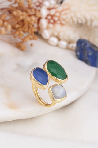 Bague - Plaqué or jaune, pierre de lune et œils-de-chat