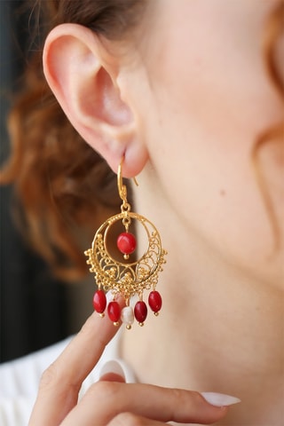 Boucles d'oreilles - Plaqué or jaune, corail et perle de culture