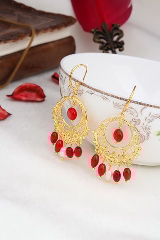 Boucles d'oreilles - Plaqué or jaune, corail et perle de culture