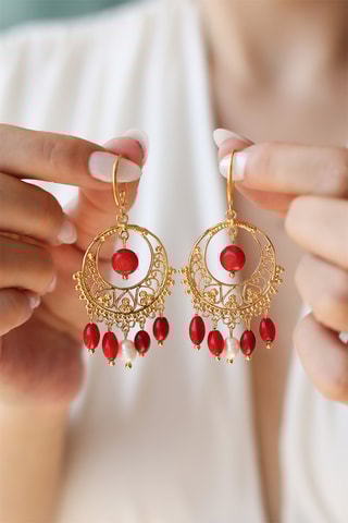 Boucles d'oreilles - Plaqué or jaune, corail et perle de culture