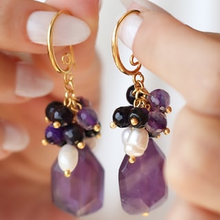 Boucles d'oreilles - Laiton plaqué or & améthyste 