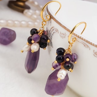 Boucles d'oreilles - Laiton plaqué or & améthyste 
