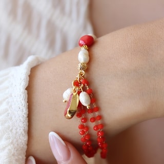 Bracelet - Laiton plaqué or, corail & perle 
