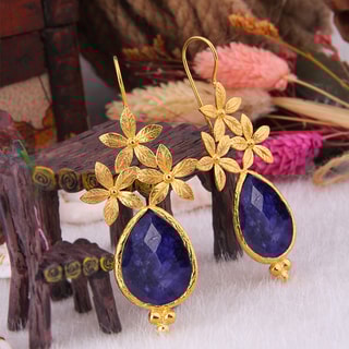 Boucles d'oreilles - Laiton plaqué or & saphir 