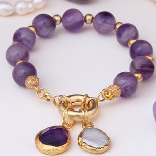 Bracelet - Laiton plaqué or, améthyste & perle 