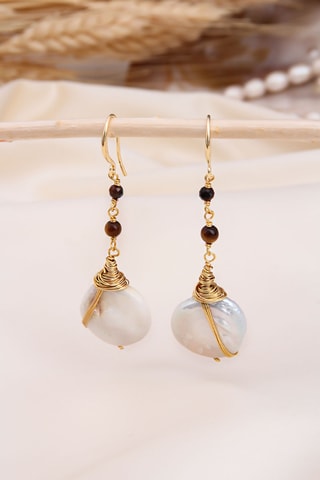 Boucles d'oreilles - Plaqué or jaune, œils-de-tigre et perles de culture