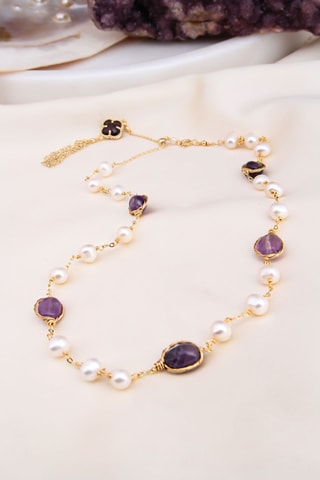 Collier - Plaqué or jaune, perles de culture et améthystes
