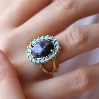 Bague ajustable - Laiton plaqué or, lapis & turquoise