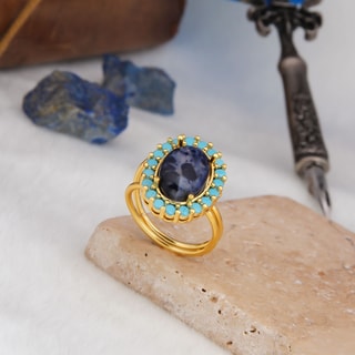Bague ajustable - Laiton plaqué or, lapis & turquoise