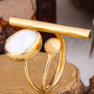 Bague - Laiton plaqué or & perle 