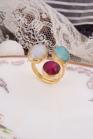 Bague - Bronze, pierres de lune, amazonite et agate