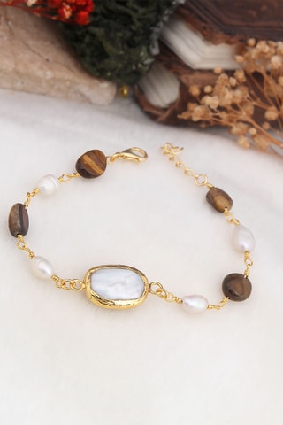 Bracelet - Plaqué or jaune, œils-de-tigre et perles de culture