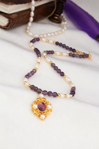 Collier - Plaqué or jaune, améthyste et perles de culture 