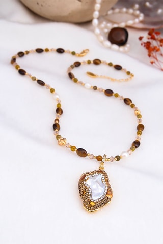 Collier - Perles de culture, œils-de-tigre et zircons