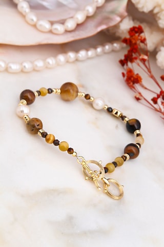 Bracelet - Plaqué or jaune, œils-de-tigre et perles de culture