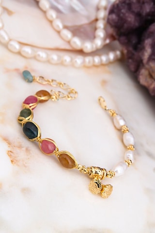 Bracelet - Plaqué or jaune, perles de culture et agates
