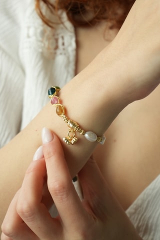 Bracelet - Plaqué or jaune, perles de culture et agates