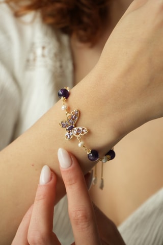 Bracelet - Plaqué or jaune, améthystes, zircons et perles de culture
