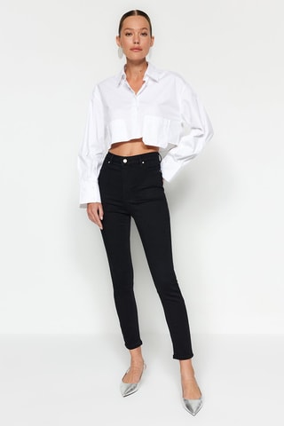 Calças de ganga skinny 7/8 cintura subida Preto
