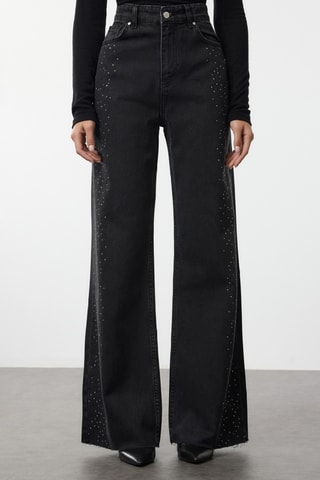 Calças de ganga wide legs cintura alta - Preto