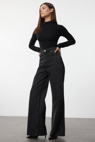 Calças de ganga wide legs cintura alta - Preto