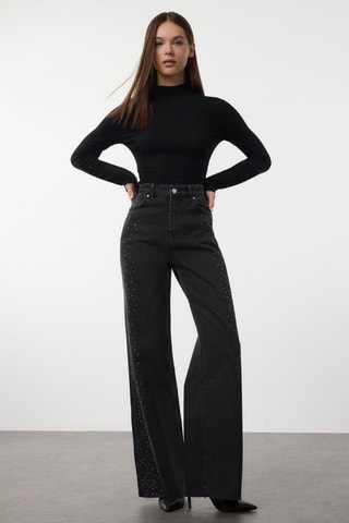 Calças de ganga wide legs cintura alta - Preto