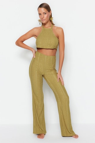 Crop top e calças de cintura subida - Caqui