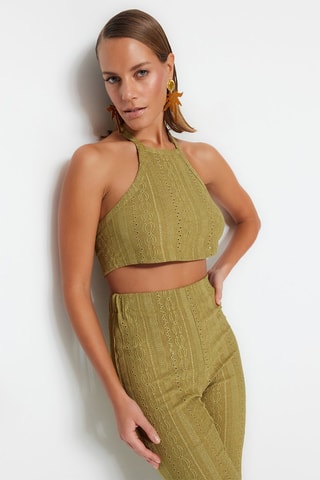 Crop top e calças de cintura subida - Caqui