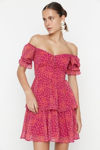 Vestido com folhos - Rosa e laranja