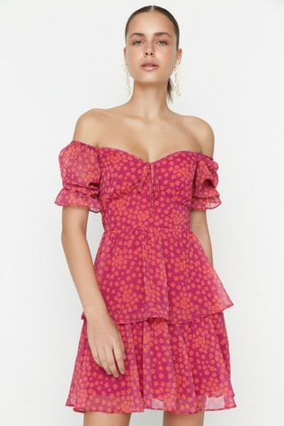Vestido com folhos - Rosa e laranja