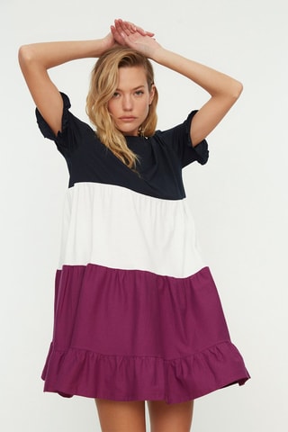 Vestido com folhos - Azul-marinho e violeta
