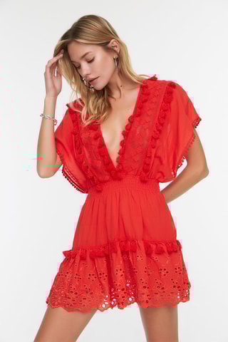 Vestido com folhos Vermelho