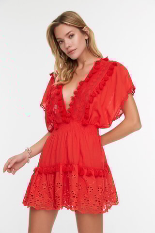 Vestido com folhos Vermelho