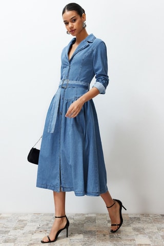 Vestido midi de ganga - Azul-claro