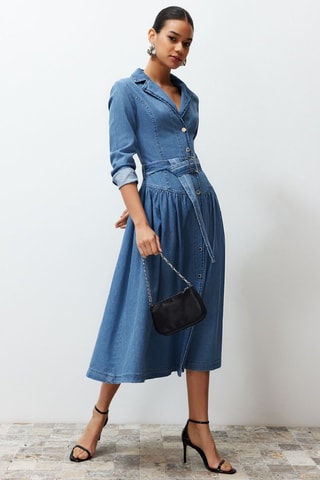 Vestido midi de ganga - Azul-claro