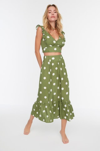 Crop top e saia midi de cintura subida - Caqui