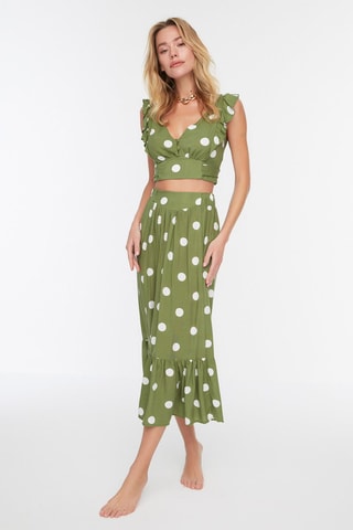 Crop top e saia midi de cintura subida - Caqui