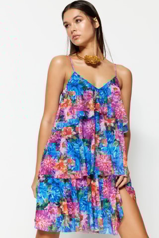 Vestido com folhos - Azul e rosa