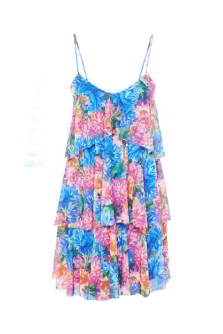 Vestido com folhos - Azul e rosa