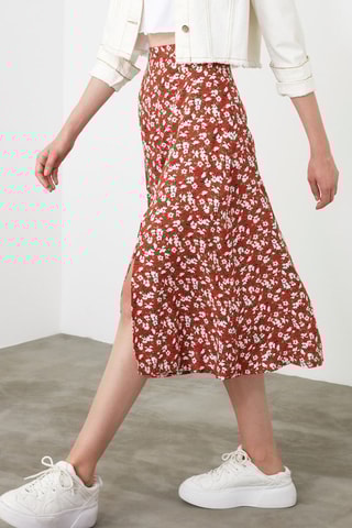 Saia midi de cintura alta - Vermelho-tijolo