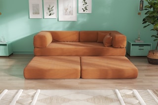 Canapé convertible avec pouf Smart - Marron - 2 places - En tissu velours côtelé
