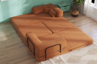 Canapé convertible avec pouf Smart - Marron - 2 places - En tissu velours côtelé