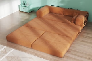 Canapé convertible avec pouf Smart - Marron - 2 places - En tissu velours côtelé