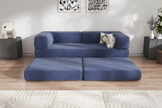 Canapé convertible avec pouf Smart - Bleu marine - 2 places - En tissu velours