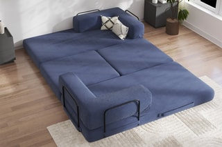 Canapé convertible avec pouf Smart - Bleu marine - 2 places - En tissu velours
